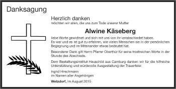 Traueranzeige von Alwine Kseberg von Ostthüringer Zeitung, Thüringische Landeszeitung