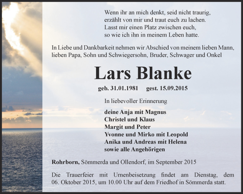  Traueranzeige für Lars Blanke vom 23.09.2015 aus Thüringer Allgemeine