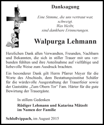 Traueranzeige von Walpurga Lehmann von Thüringer Allgemeine