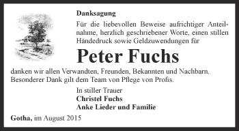 Traueranzeige von Peter Fuchs von Ostthüringer Zeitung, Thüringische Landeszeitung