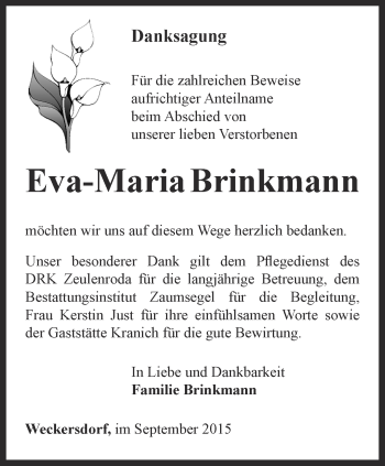 Traueranzeige von Eva-Maria Brinkmann von Ostthüringer Zeitung