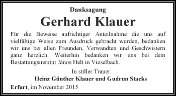 Traueranzeige von Gerhard Klauer von Thüringer Allgemeine, Thüringische Landeszeitung