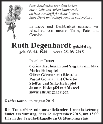 Traueranzeige von Ruth Degenhardt von Thüringer Allgemeine, Thüringische Landeszeitung