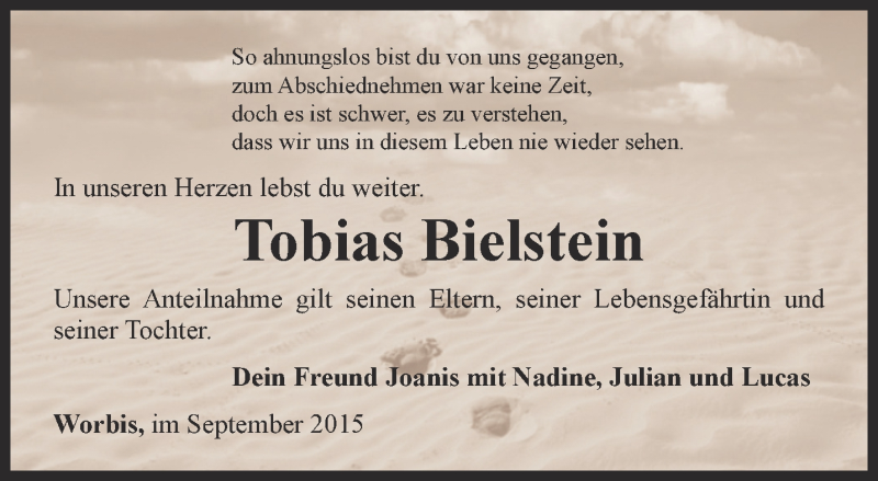  Traueranzeige für Tobias Bielstein vom 12.09.2015 aus Thüringer Allgemeine