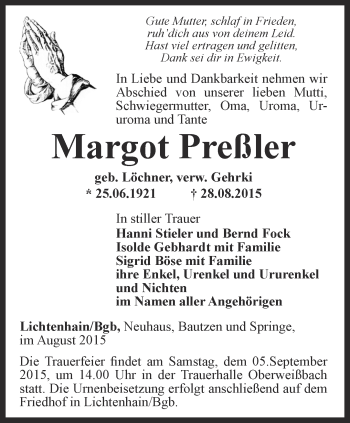 Traueranzeige von Margot Preßler von Ostthüringer Zeitung