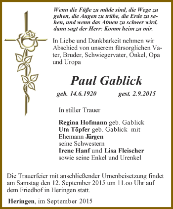 Traueranzeige von Paul Gablick von Thüringer Allgemeine