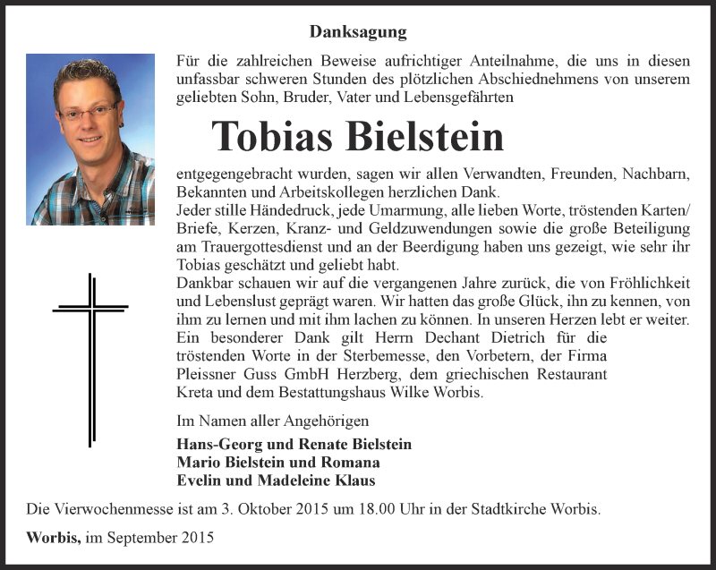  Traueranzeige für Tobias Bielstein vom 26.09.2015 aus Thüringer Allgemeine