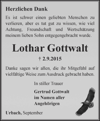 Traueranzeige von Lothar Gottwalt von Thüringer Allgemeine