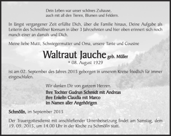 Traueranzeige von Waltraut Jauche von Ostthüringer Zeitung, Thüringische Landeszeitung