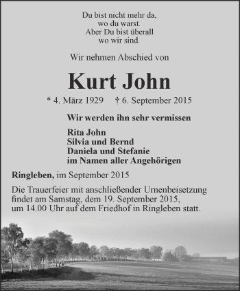 Traueranzeige von Kurt John von Thüringer Allgemeine, Thüringische Landeszeitung