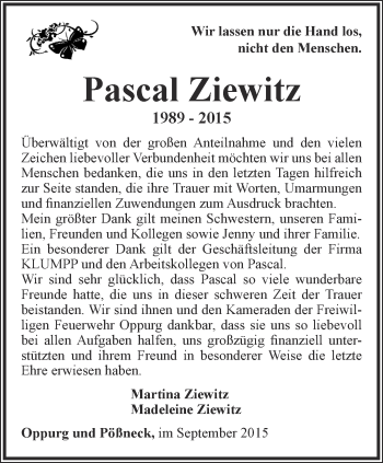 Traueranzeige von Pascal Ziewitz von Ostthüringer Zeitung