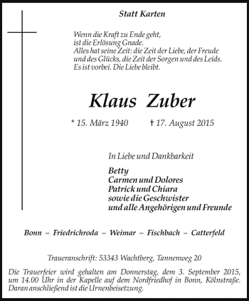 Traueranzeige von Klaus Zuber von Ostthüringer Zeitung, Thüringische Landeszeitung