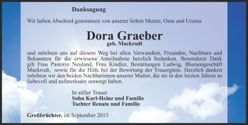 Traueranzeige von Dora Graeber von Thüringer Allgemeine