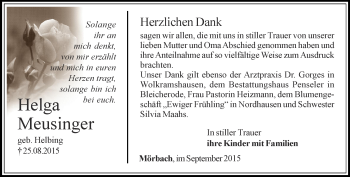 Traueranzeige von Helga Meusinger von Thüringer Allgemeine