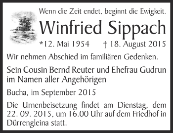 Traueranzeige von Winfried Sippach von Ostthüringer Zeitung, Thüringische Landeszeitung