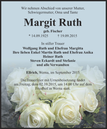 Traueranzeige von Margit Ruth von Thüringer Allgemeine