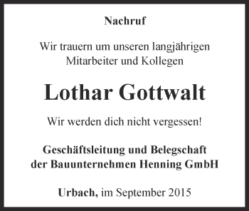 Traueranzeige von Lothar Gottwalt von Thüringer Allgemeine