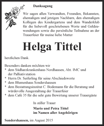 Traueranzeige von Helga Tittel von Thüringer Allgemeine