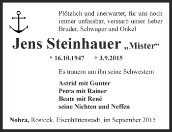 Traueranzeige von Jens Steinhauer von Thüringer Allgemeine, Thüringische Landeszeitung