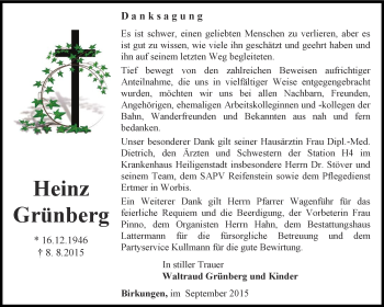 Traueranzeige von Heinz Grünberg von Thüringer Allgemeine