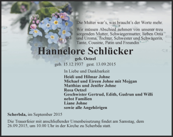 Traueranzeige von Hannelore Schlücker von Thüringer Allgemeine, Thüringische Landeszeitung