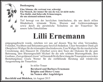 Traueranzeige von Lilli Ernemann von Thüringer Allgemeine, Thüringische Landeszeitung
