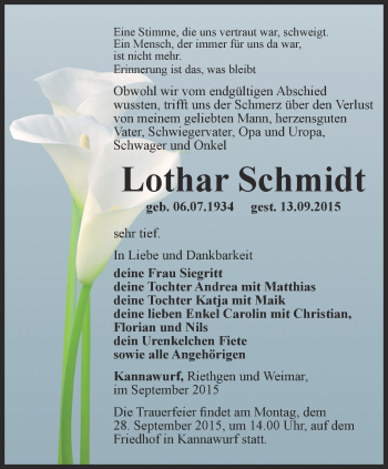 Traueranzeige von Lothar Schmidt von Thüringer Allgemeine