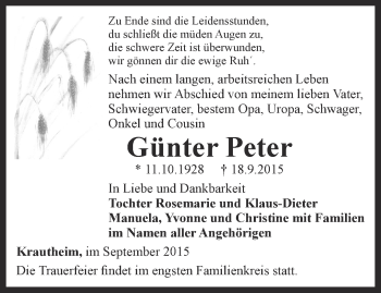 Traueranzeige von Günter Peter von Thüringer Allgemeine, Thüringische Landeszeitung