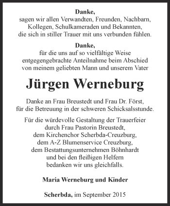 Traueranzeige von Jürgen Werneburg von Thüringer Allgemeine, Thüringische Landeszeitung