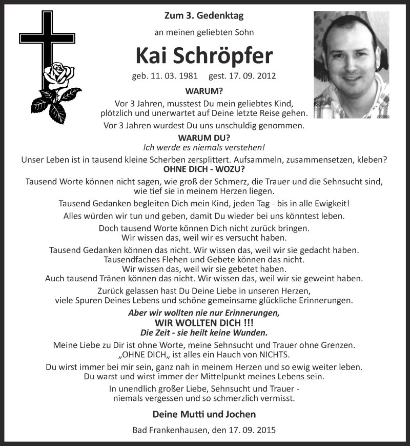  Traueranzeige für Kai Schröpfer vom 17.09.2015 aus Thüringer Allgemeine