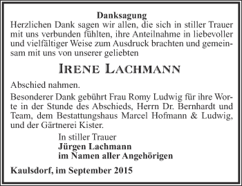 Traueranzeige von Irene Lachmann von Ostthüringer Zeitung