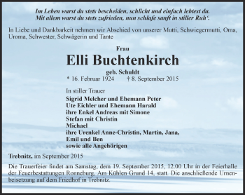 Traueranzeige von Elli Buchtenkirch von Ostthüringer Zeitung