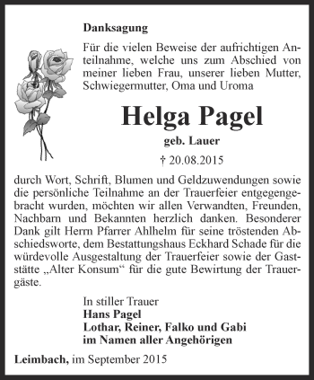 Traueranzeige von Helga Pagel von Thüringer Allgemeine