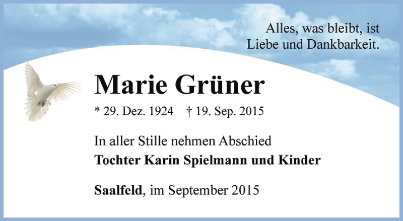  Traueranzeige für Marie Grüner vom 24.09.2015 aus Ostthüringer Zeitung