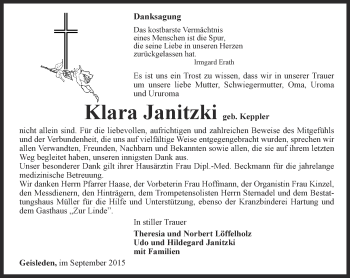 Traueranzeige von Klara Janitzki von Thüringer Allgemeine