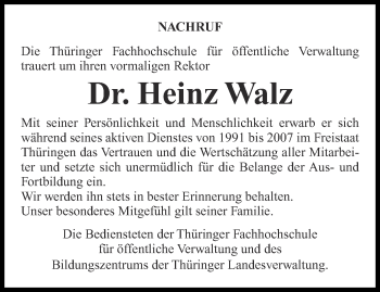 Traueranzeige von Heinz Walz von Ostthüringer Zeitung, Thüringische Landeszeitung