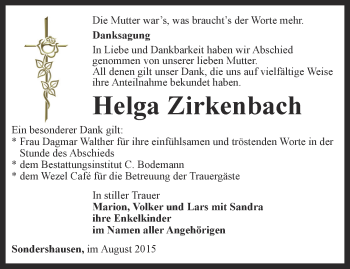 Traueranzeige von Helga Zirkenbach von Thüringer Allgemeine