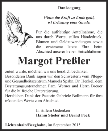 Traueranzeige von Margot Preßler von Ostthüringer Zeitung