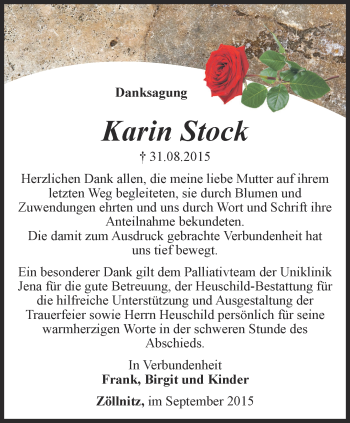 Traueranzeige von Karin Stock von Ostthüringer Zeitung, Thüringische Landeszeitung