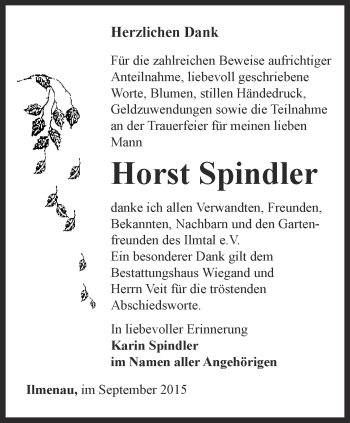 Traueranzeige von Horst Spindler von Thüringer Allgemeine