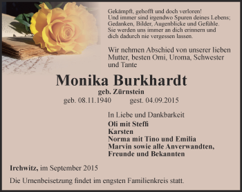 Traueranzeige von Monika Burkhardt von Ostthüringer Zeitung