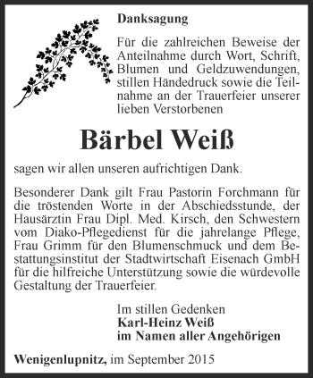 Traueranzeige von Bärbel Weiß von Thüringer Allgemeine, Thüringische Landeszeitung