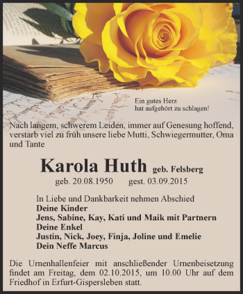 Traueranzeige von Karola Huth