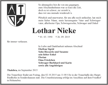 Traueranzeige von Lothar Nieke von Thüringer Allgemeine