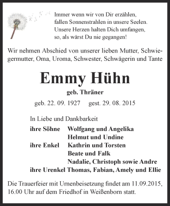 Traueranzeige von Emmy Hühn von Ostthüringer Zeitung