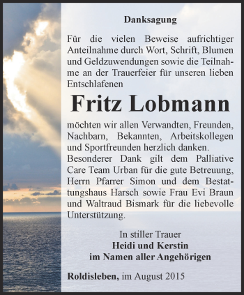 Traueranzeige von Fritz Lobmann von Thüringer Allgemeine