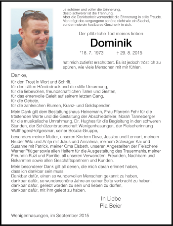 Traueranzeige von Dominik Beier von Thüringer Allgemeine