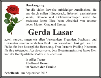 Traueranzeige von Gerda Lasar von Thüringer Allgemeine, Thüringische Landeszeitung