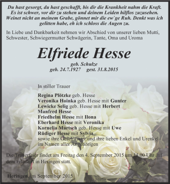 Traueranzeige von Elfriede Hesse von Thüringer Allgemeine