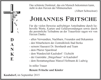 Traueranzeige von Johannes Fritsche von Ostthüringer Zeitung